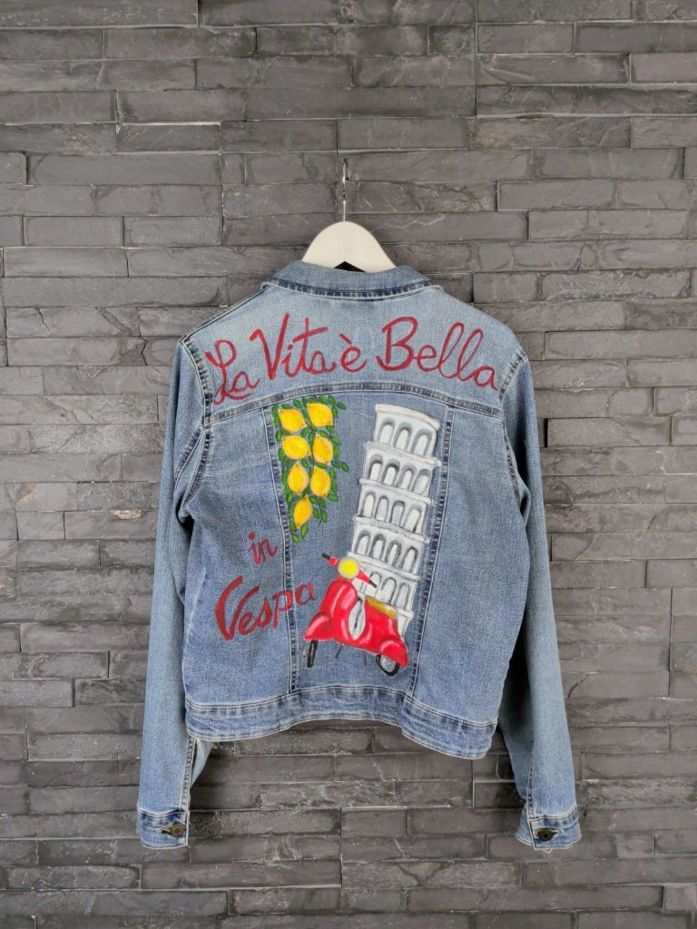 Retro Italy Wearable Art Jean Jacket Painted Upcycled Travel Lemon Vespa Wom L